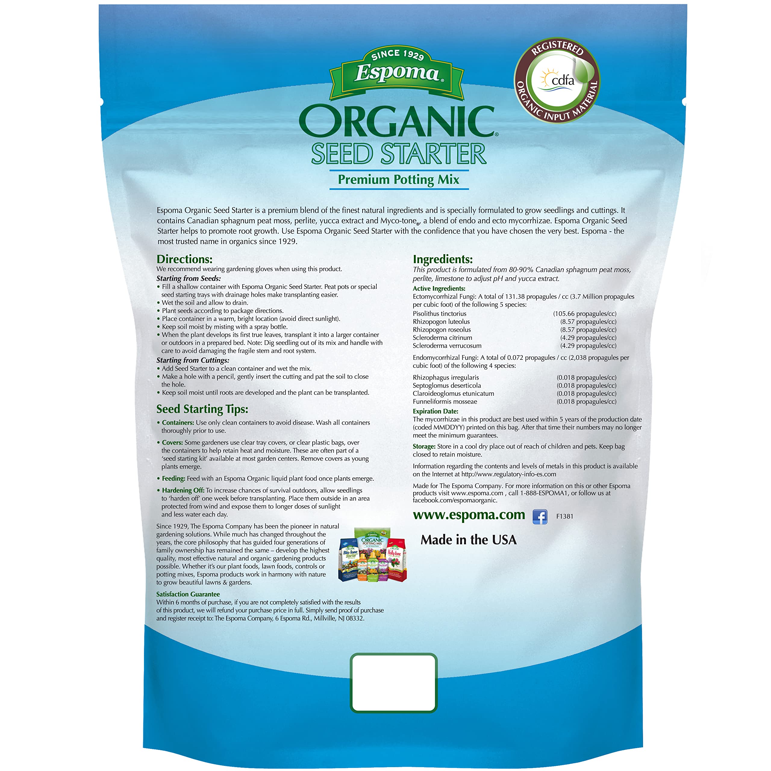 Espoma Organic Seed Starter Premium Potting Soil Mix - All Natural & Organic Seed Starting Mix with Mycorrhizae. for Organic Gardening, 8 qt, Pack of 2