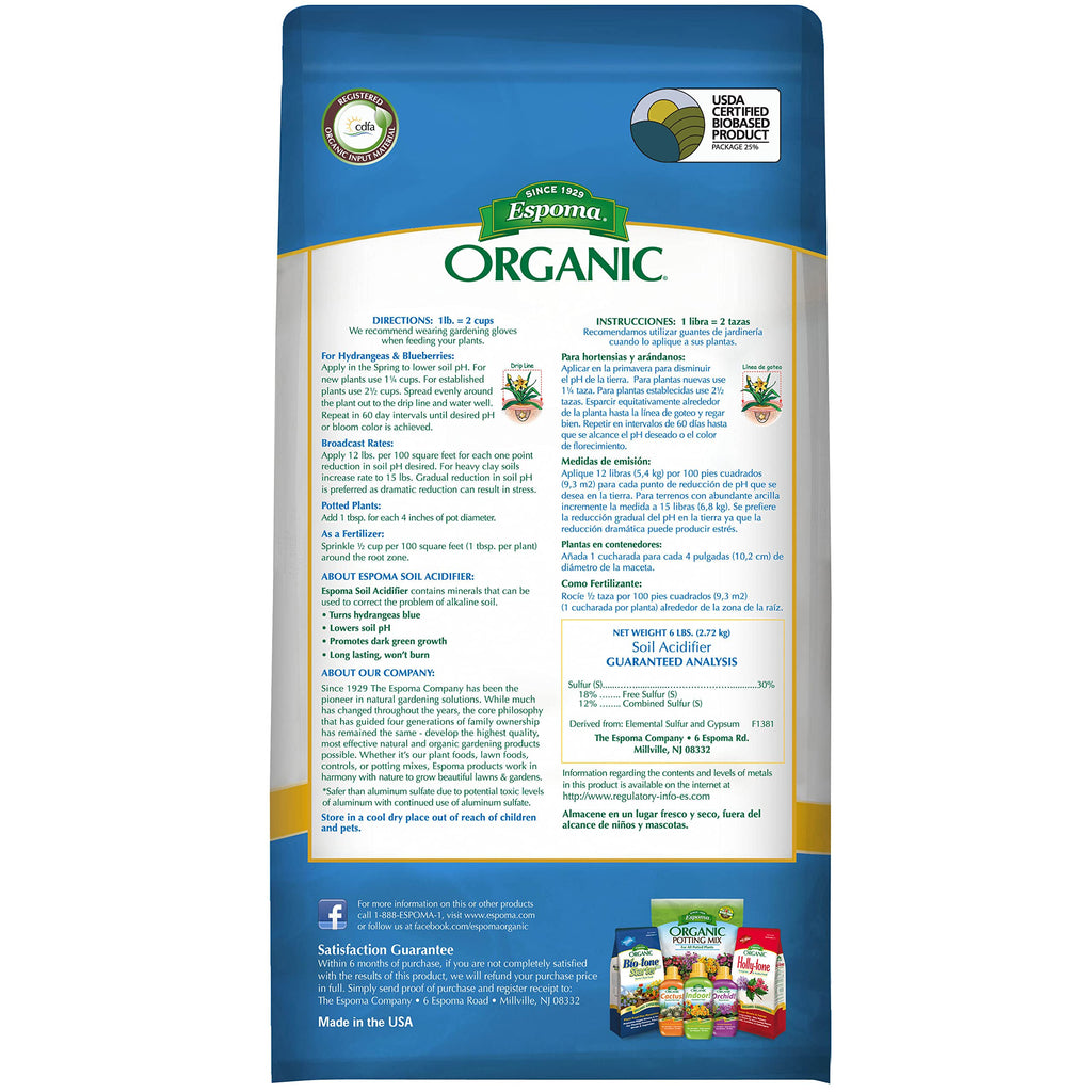 Espoma Organic Soil Acidifier Soil Amendment; Lowers Soil pH and Turns Hydrangeas Blue! Contains Elemental Sulfur and can be Used for Organic Gardening 6 lb. Bag - Pack of 2
