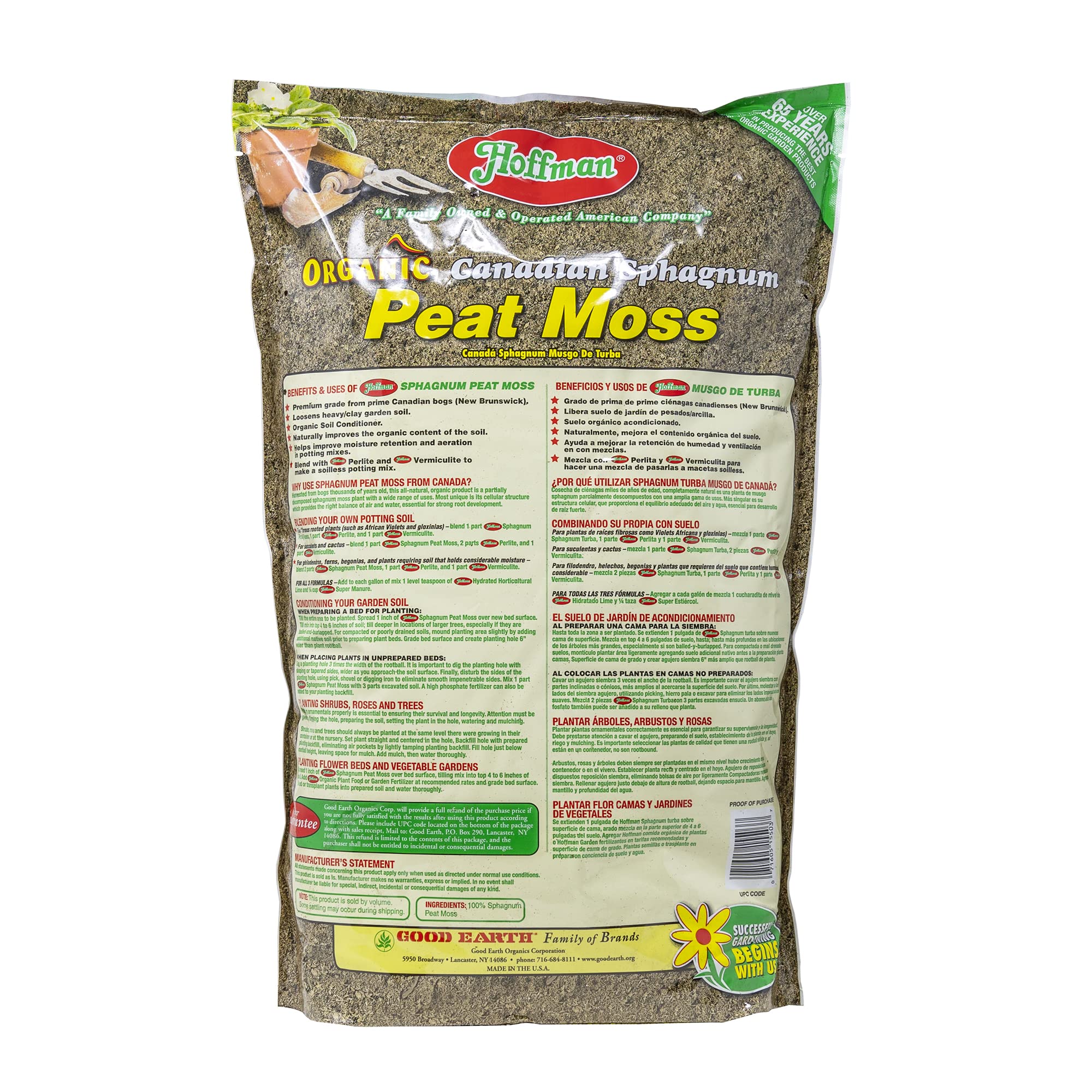 Hoffman Canadian Sphagnum Peat Moss Soil Conditioner to Improve Moisture Retention and Aeration, 10qt Bag