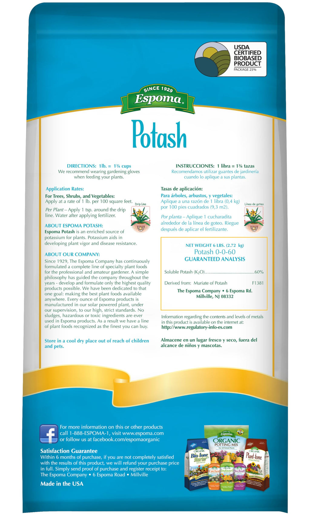 Espoma Potash 0-0-60 Potassium Fertilizer. Use for All Plants requiring Potash Supplement Including Trees, Shrubs, Vegetables and Flowers. Granular for Easy Application. 6 lb. Bag