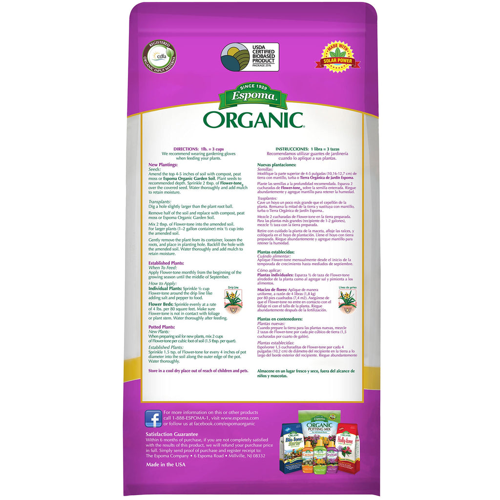 Espoma Organic Flower-Tone 3-4-5 Natural & Organic Plant Food; 4 lb. Bag; Organic Fertilizer for Flowers, Annuals, Perennials & Hanging Baskets. Blossom Booster