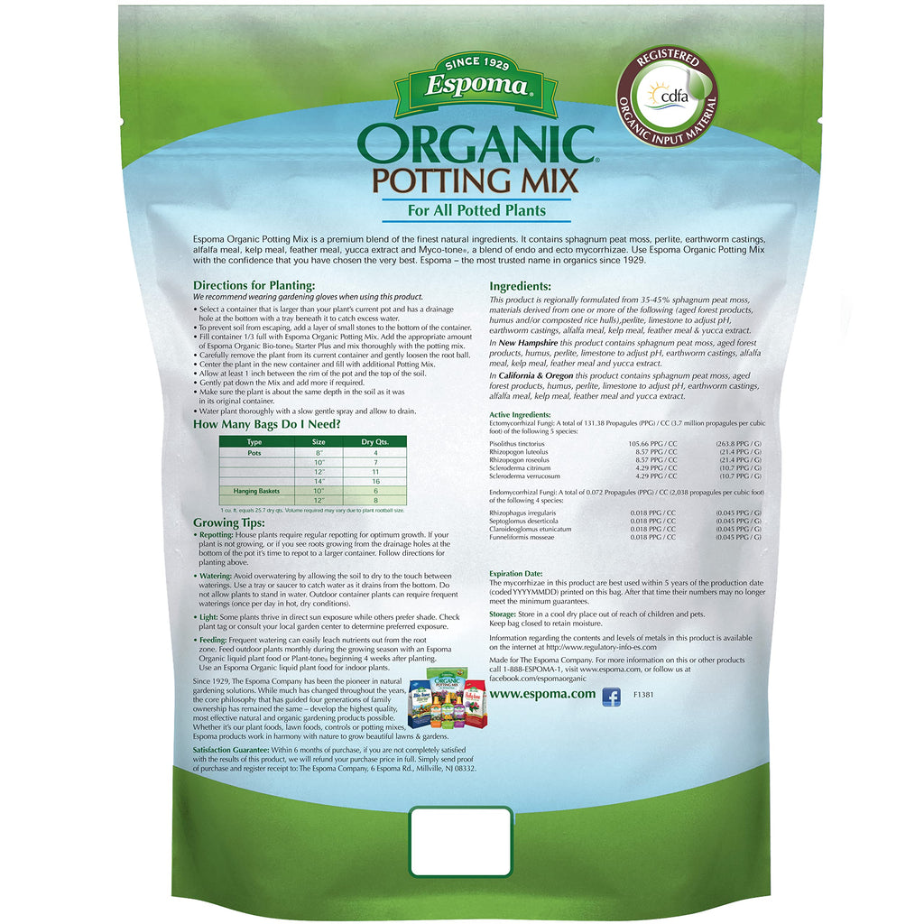 Espoma Organic Potting Soil Mix - All Natural Potting Mix for All Indoor & Outdoor Containers Including Herbs & Vegetables. for Organic Gardening, 4qt. Bag. Pack of 1
