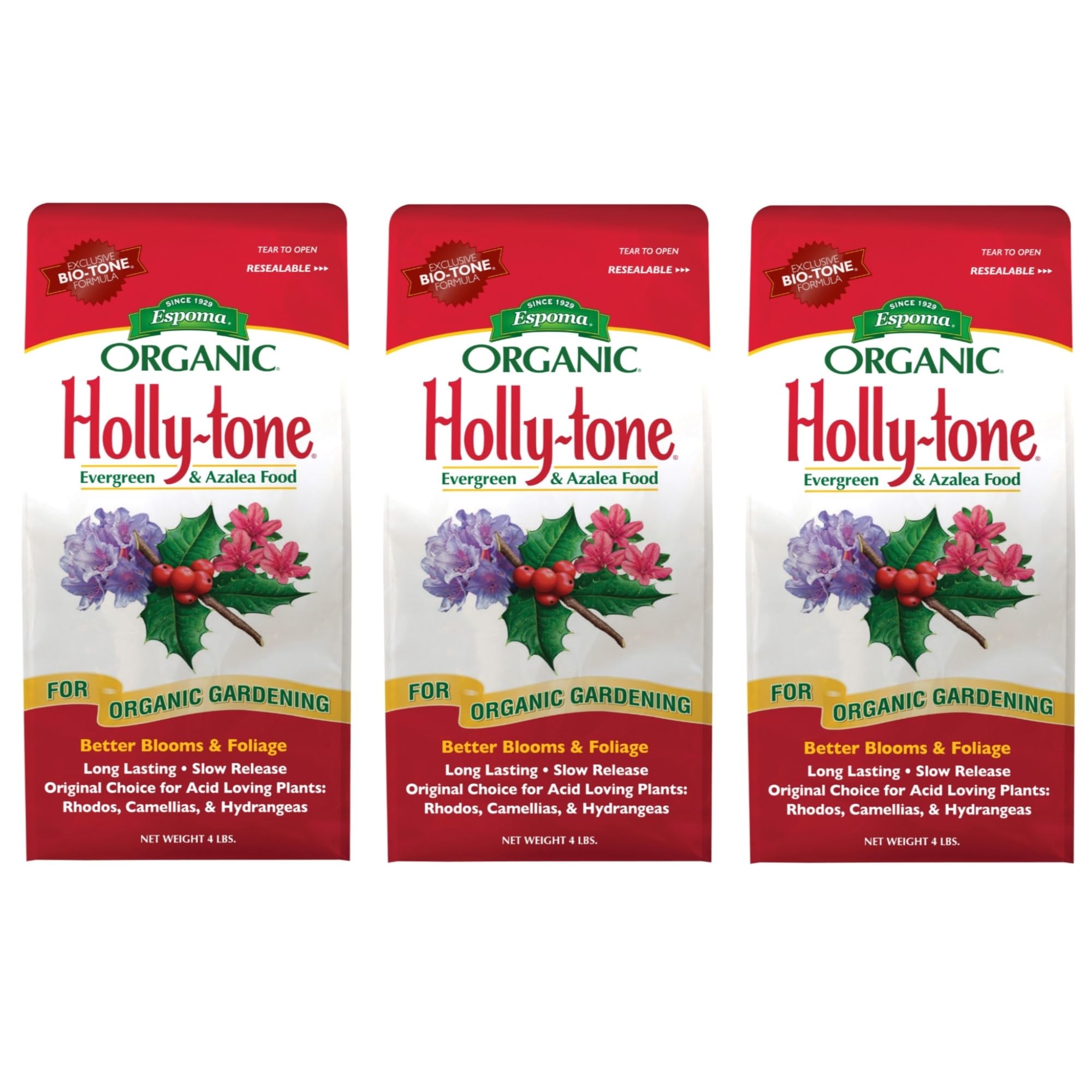 Espoma Organic Holly-Tone 4-3-4 Natural & Organic Evergreen & Azalea Plant Food; 4 lb. Bag; The Original & Best Fertilizer for All Acid Loving Plants Including Rhododendrons & Hydrangeas. Pack of 3