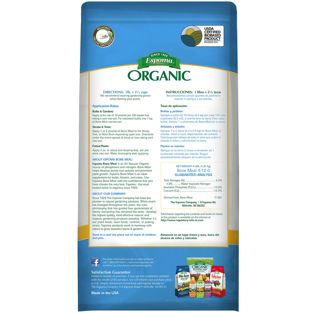 Espoma Organic Bone Meal Fertilizer 4-12-0. All-Natural Plant Food Source of Nitrogen and Phosphorus for Organic Gardening. for Bulbs & Other Flowering Plants; Pack of 3