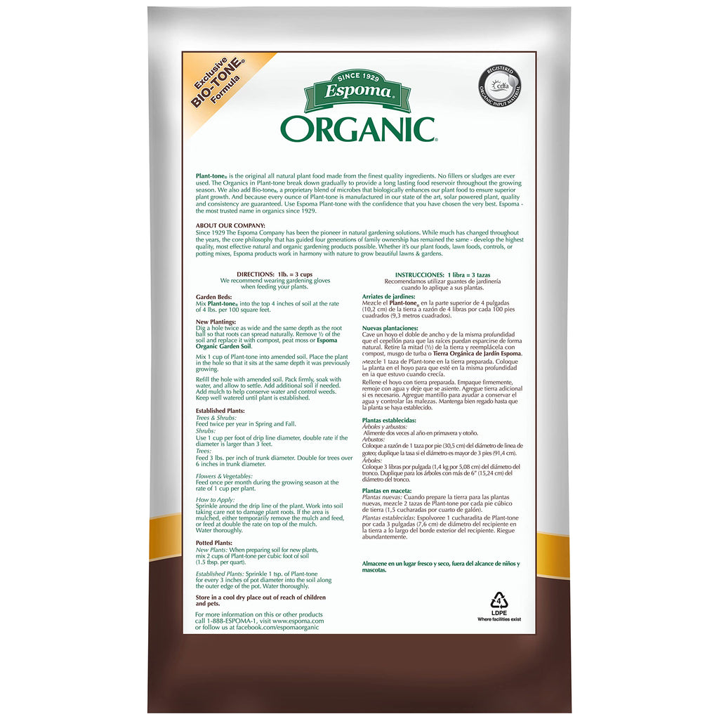 Espoma Organic Plant-Tone 5-3-3 Natural & Organic All Purpose Plant Food; 50 lb. Bag; The Original Organic Fertilizer for All Flowers, Vegetables, Trees, and Shrubs