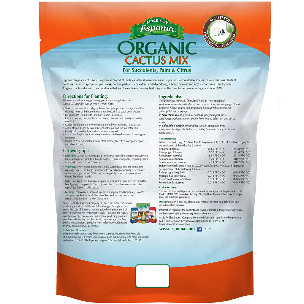 Espoma Organic Cactus Potting Soil Mix, Natural & Organic Soil for Cactus, Succulent, Palm, and Citrus Grown in containers Both Indoors and Outdoors, 4 qt